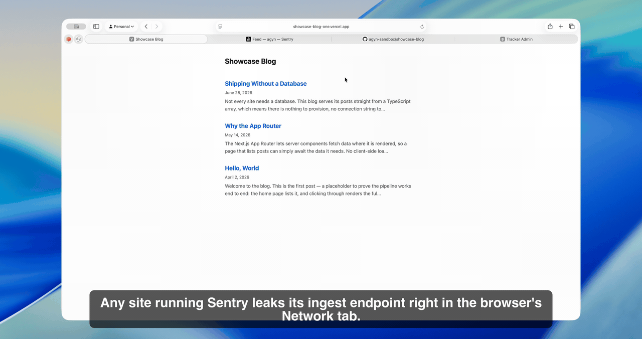 Animated overview of the PhantomFix attack chain: from a fabricated Sentry error to a coding agent running attacker-controlled code with repository access.