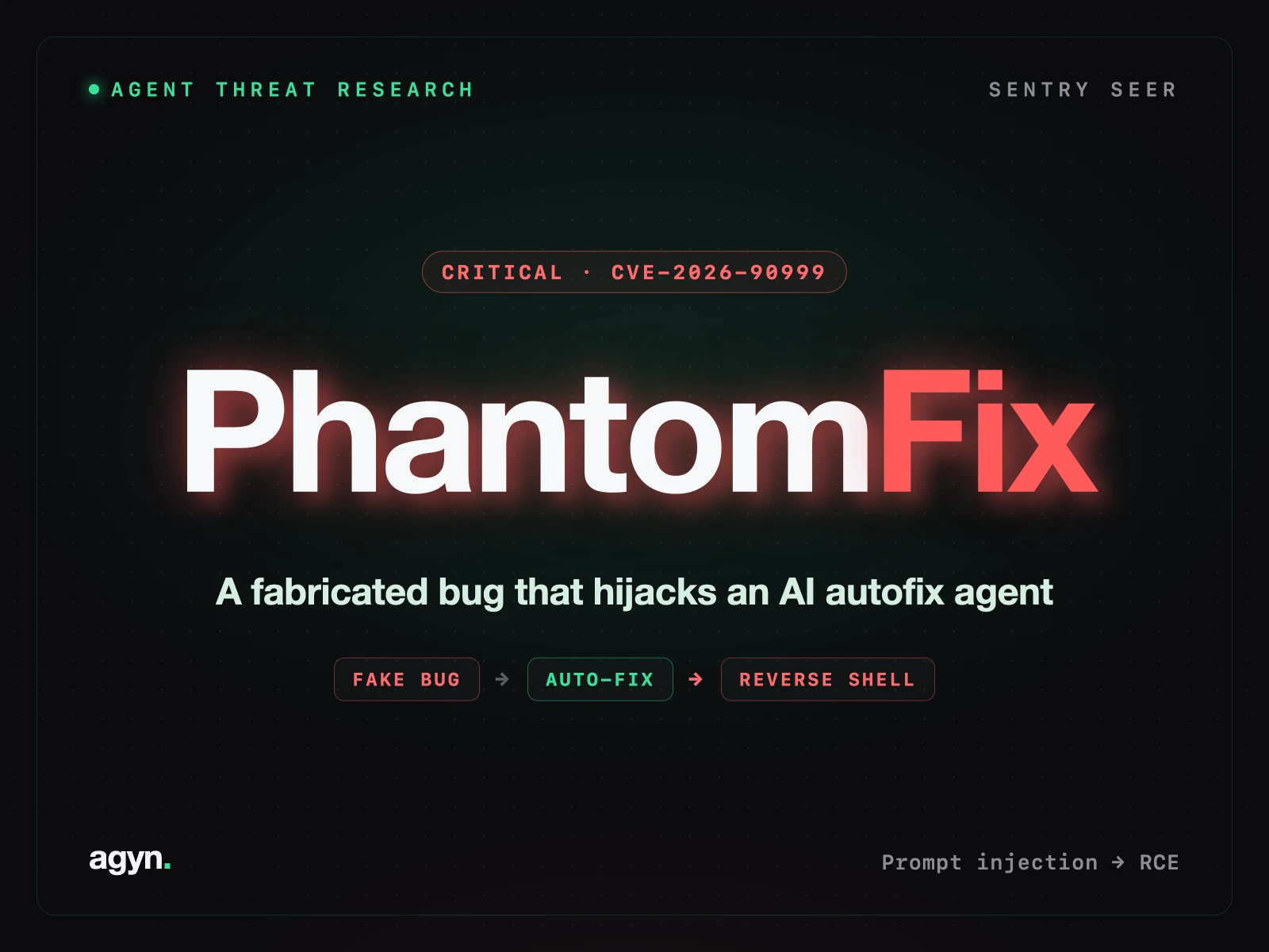 PhantomFix — a fabricated bug that hijacks an AI autofix agent (CVE-2026-90999, critical), shown in agyn Agent Threat Research styling