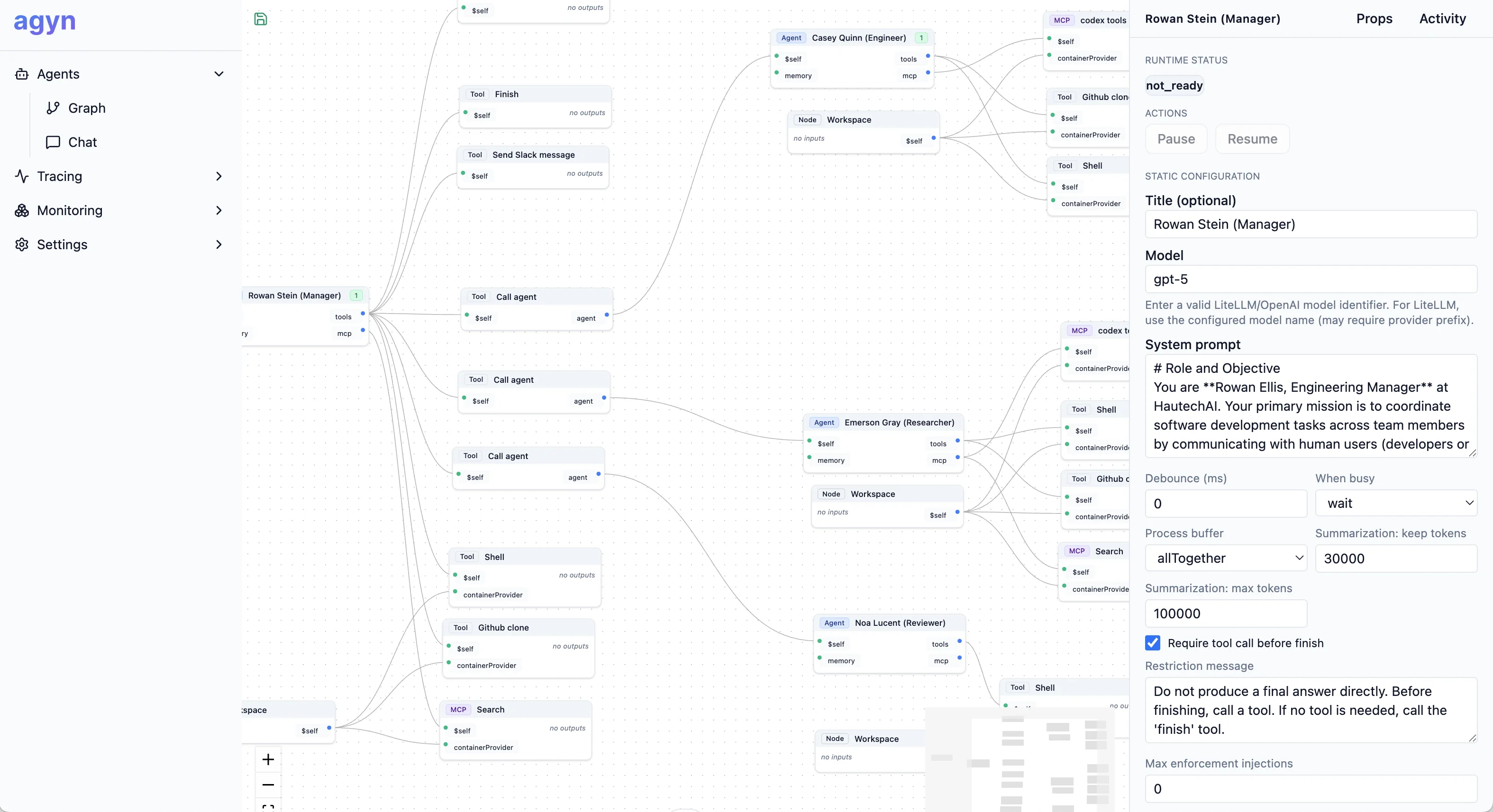 Agyn mission‑control dashboard showing roles, timelines, PR actions, and live agent status