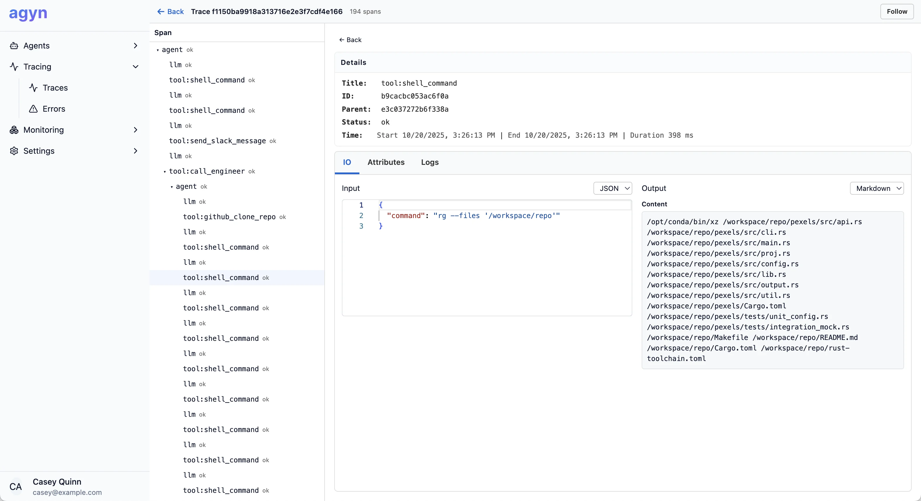 Agyn tracing timeline view showing detailed step-by-step execution history